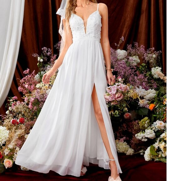 MGIACY Dresses & Skirts - New Appliques Lead Embroidered Chiffon Wedding Dress Size Large 8/10